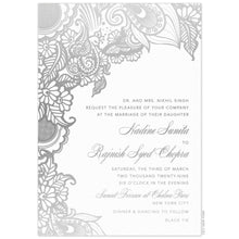 Load image into Gallery viewer, a white paper invitation with silver south asian motif on top and down left side featuring silver script and block lettering