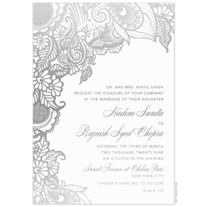 a white paper invitation with silver south asian motif on top and down left side featuring silver script and block lettering