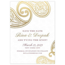 Load image into Gallery viewer, Two large intricate paisleys on the top left corner of the card in gold foil. Smaller paisleys in the bottom right corner in gold foil. Block and script font in maroon and gold centered on the page.