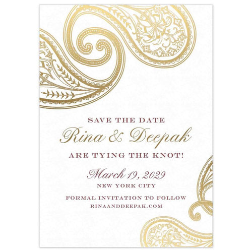 Two large intricate paisleys on the top left corner of the card in gold foil. Smaller paisleys in the bottom right corner in gold foil. Block and script font in maroon and gold centered on the page.
