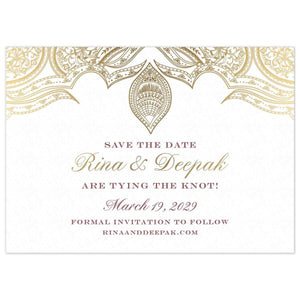 Gold Indian pattern at the top of the card. Maroon block and gold script copy centered on the page.