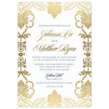 Load image into Gallery viewer, a white paper south asian invitation with gold indian designs on the border with gold script and blue block  font