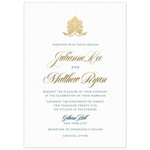 Load image into Gallery viewer, the front of a white paper invitation with gold lotus monogram on top with gold script and blue block font