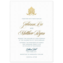 Load image into Gallery viewer, the front of a white paper invitation with gold lotus monogram on top with gold script and blue block font