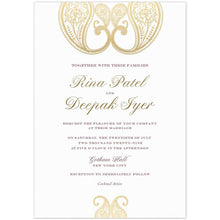 Load image into Gallery viewer, a white paper invitation with south asian gold designs at the top and bottom and dark gold script names and maroon block font
