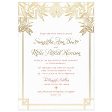Load image into Gallery viewer, Geometric lines on the edges of the card with modern tropical leaves on the top of the card in gold foil. Script and block font centered on the white card.