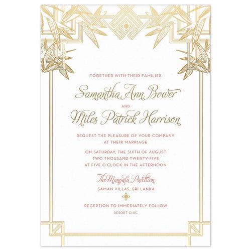 Geometric lines on the edges of the card with modern tropical leaves on the top of the card in gold foil. Script and block font centered on the white card.
