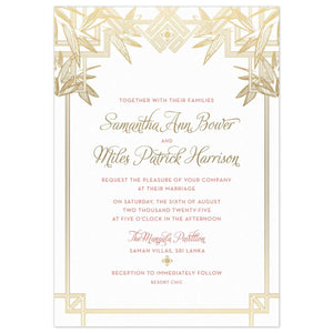 Geometric lines on the edges of the card with modern tropical leaves on the top of the card in gold foil. Script and block font centered on the white card.