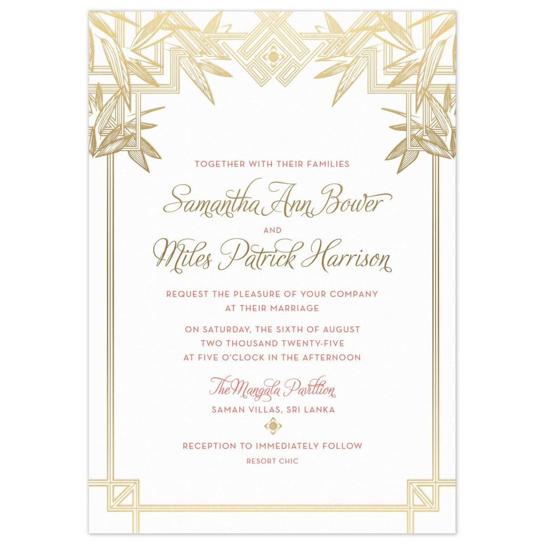 Geometric lines on the edges of the card with modern tropical leaves on the top of the card in gold foil. Script and block font centered on the white card.