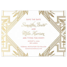 Load image into Gallery viewer, Multiple geometric lines and modern leaves on the side of the card in gold foil. The middle triangle holds block and script font in gold and orange.