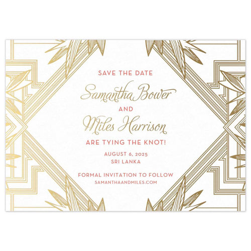 Multiple geometric lines and modern leaves on the side of the card in gold foil. The middle triangle holds block and script font in gold and orange.