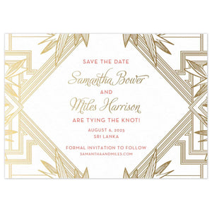 Multiple geometric lines and modern leaves on the side of the card in gold foil. The middle triangle holds block and script font in gold and orange.