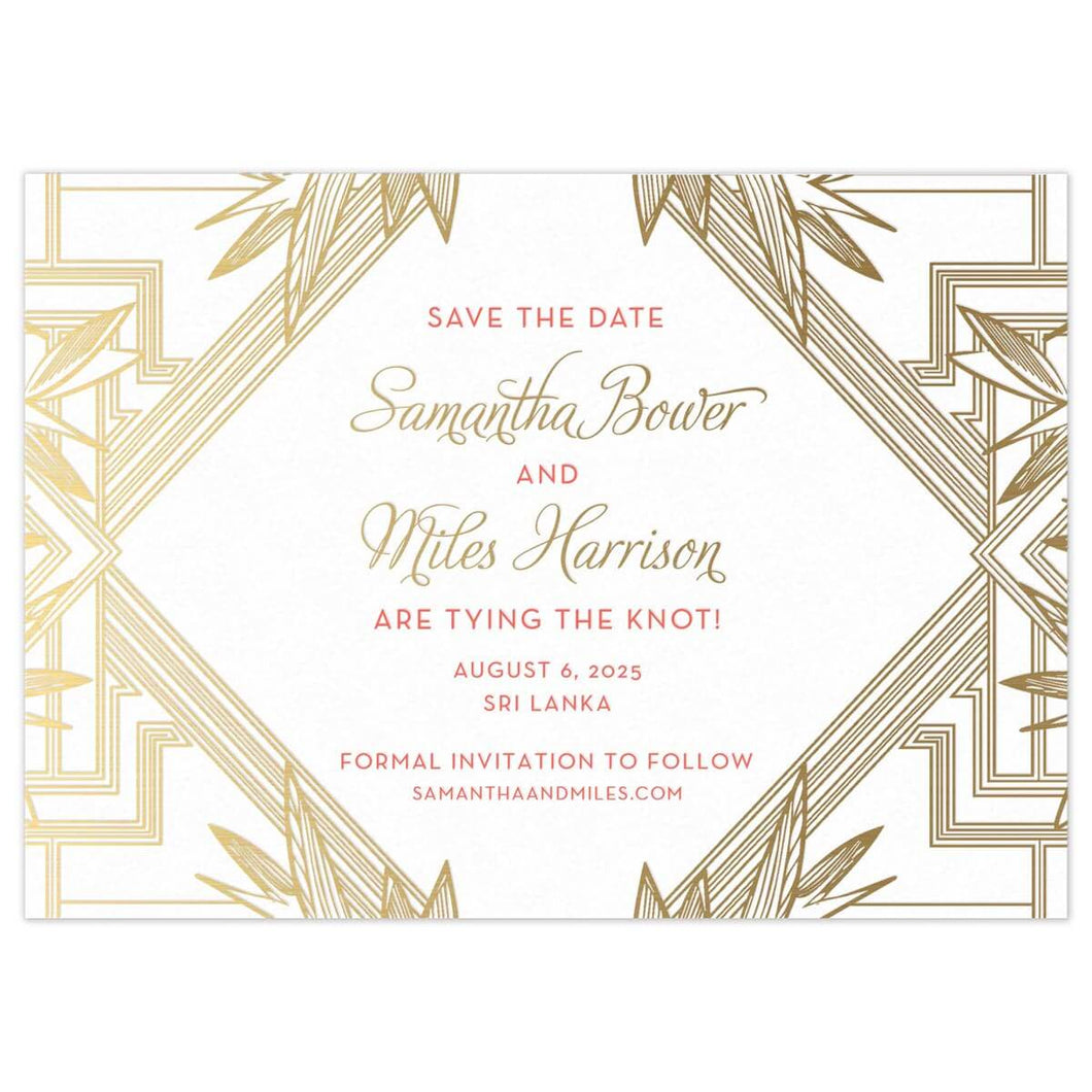 Multiple geometric lines and modern leaves on the side of the card in gold foil. The middle triangle holds block and script font in gold and orange.