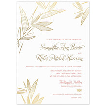 Load image into Gallery viewer, White invitation with modern leaves on the top corners and bottom left corner. Pink block font and gold script font right aligned with a gold Thai flourish. 