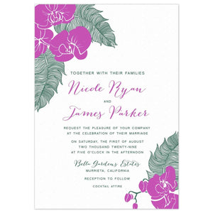 a white paper invitation with pink orchids and green palms on top left and bottom right and pink script and green block font