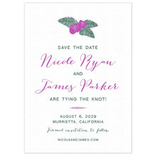 Load image into Gallery viewer, Purple and green orchid and leaf motif at the top of a white card. Block and script font centered on the page in the same colors.