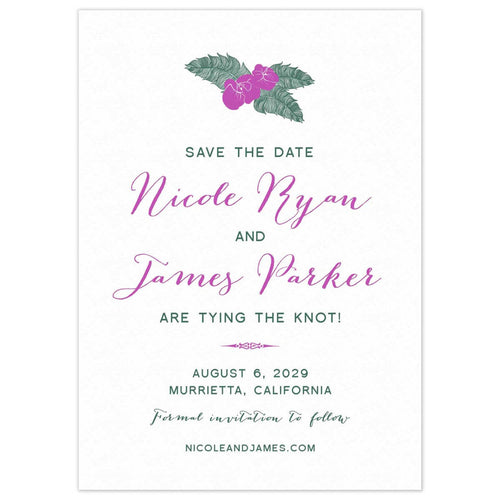 Purple and green orchid and leaf motif at the top of a white card. Block and script font centered on the page in the same colors.