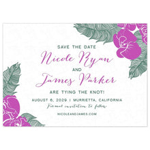 Load image into Gallery viewer, Purple orchid florals and green tropical banana leaves in the top right corner and bottom left corner of the card. Block and script font centered on the card.