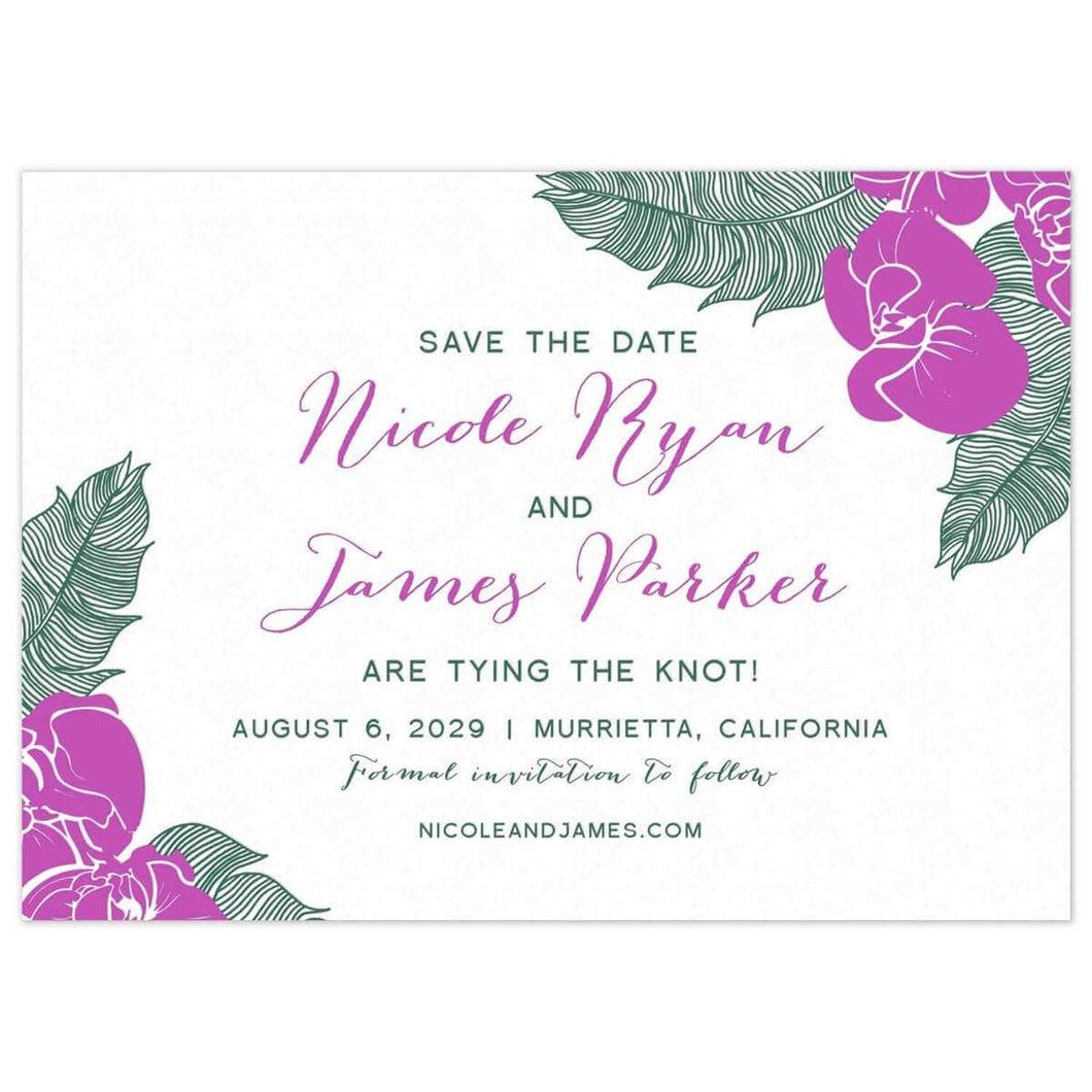 Purple orchid florals and green tropical banana leaves in the top right corner and bottom left corner of the card. Block and script font centered on the card.