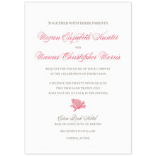 Load image into Gallery viewer, Simple invitation with block and script font in coral and pewter. A small coral flourish separates information at the bottom half of the card. 