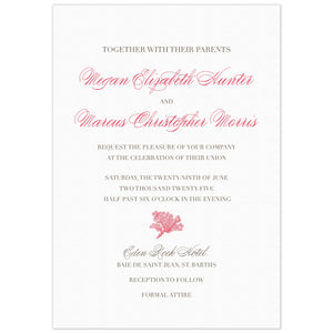 Simple invitation with block and script font in coral and pewter. A small coral flourish separates information at the bottom half of the card. 