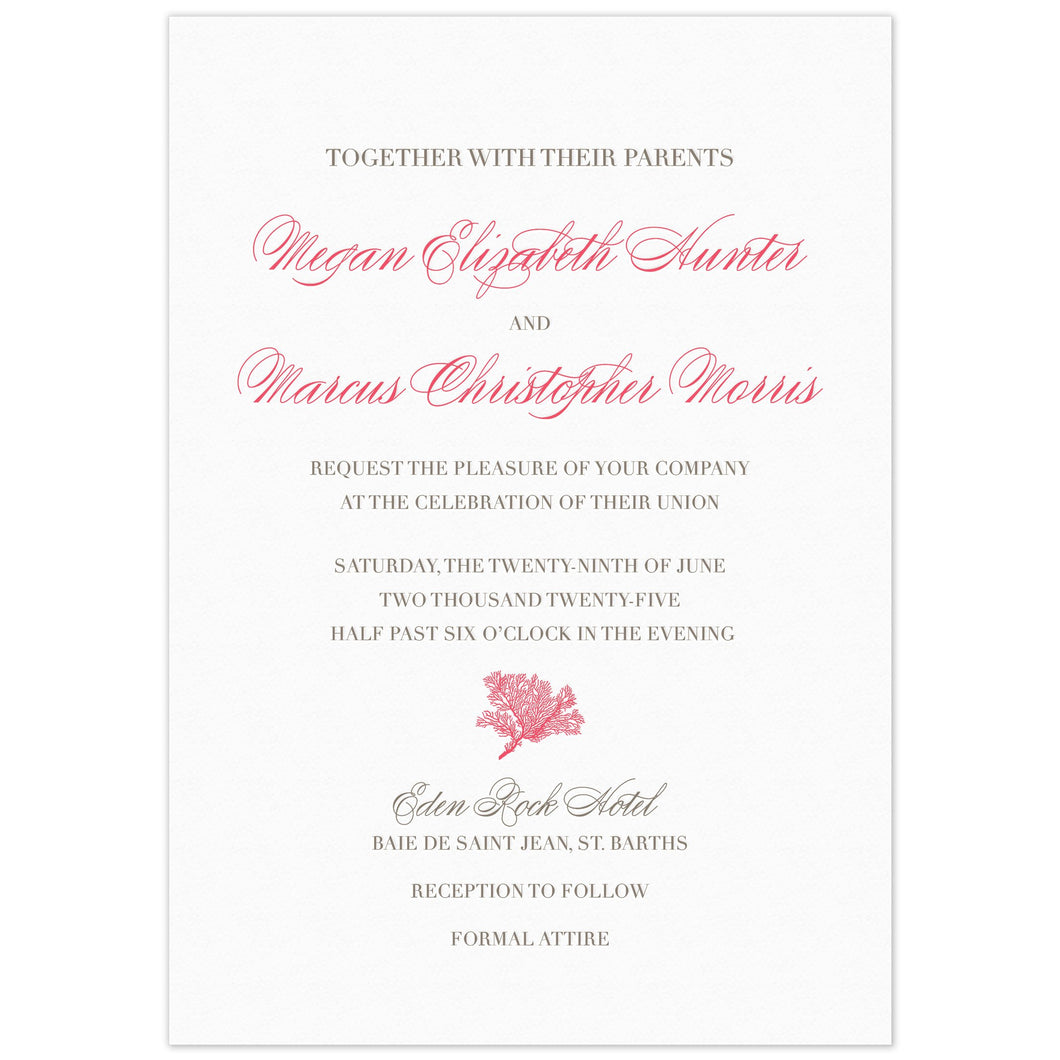 Simple invitation with block and script font in coral and pewter. A small coral flourish separates information at the bottom half of the card. 