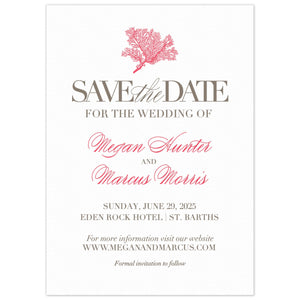 White card with a coral motif at the top. Large Save the Date letters in pewter, scripts and block font in pewter and coral centered on the page.