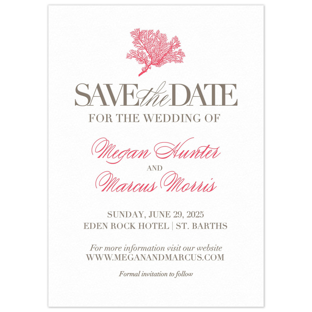 White card with a coral motif at the top. Large Save the Date letters in pewter, scripts and block font in pewter and coral centered on the page.