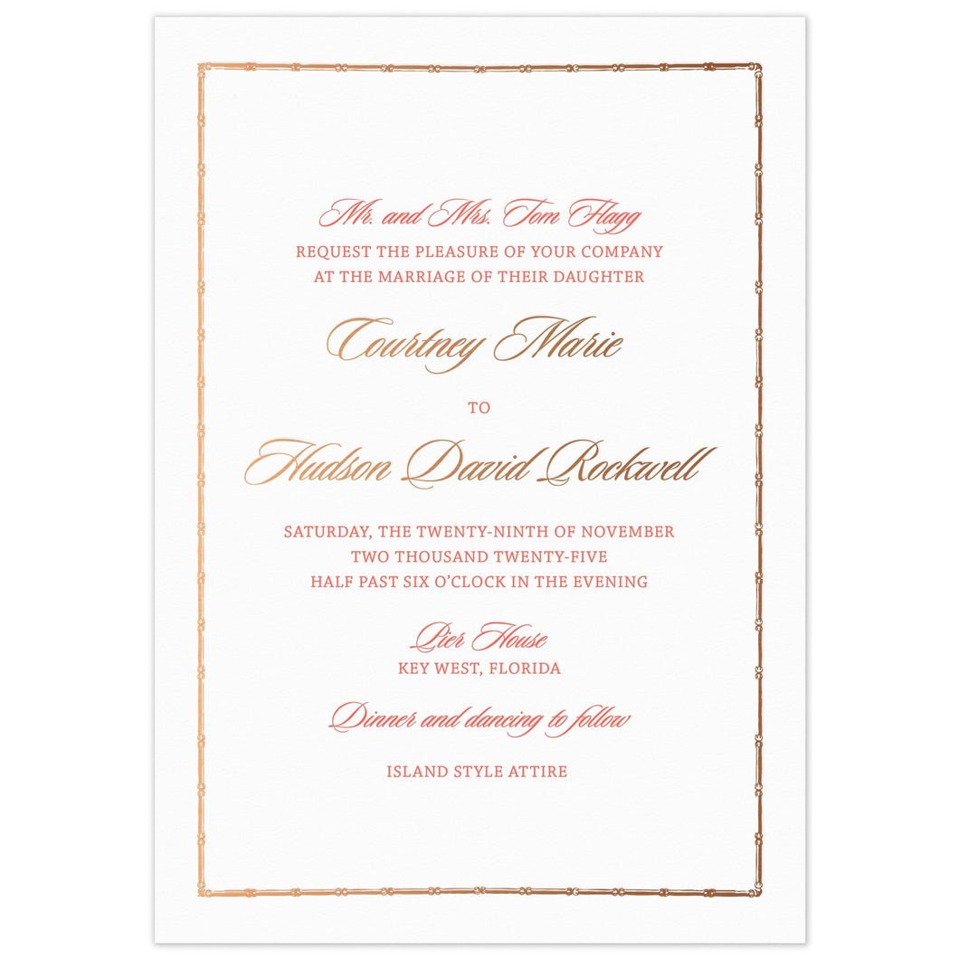 Bamboo border in copper foil, block and script font in coral and copper foil centered on the card.