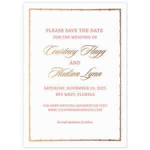 Bamboo border in copper foil, block and script font in coral and copper foil centered on the card.