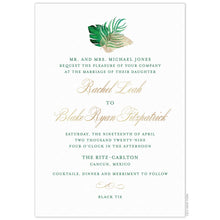 Load image into Gallery viewer, Two green watercolor palm leaves and one gold palm leaf at the top of the card. Block green copy and gold script with a gold flourish centered on the page.