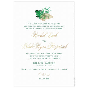 Two green watercolor palm leaves and one gold palm leaf at the top of the card. Block green copy and gold script with a gold flourish centered on the page.