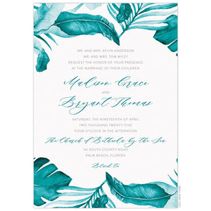 paper invitation with turquoise watercolor palm leaf border and turquoise script.