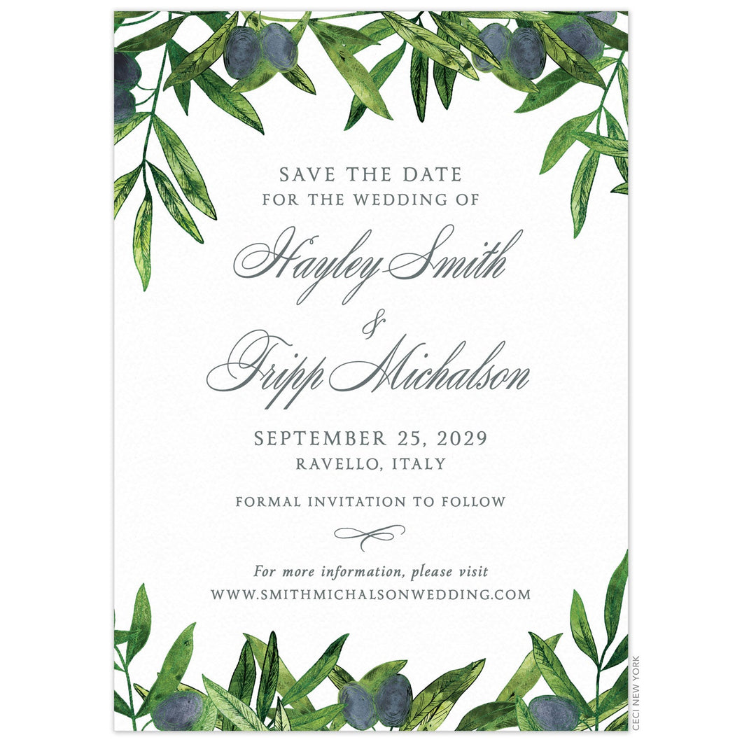White save the date car with watercolor olives and branches on the top and bottom. Block and script font centered on the page.