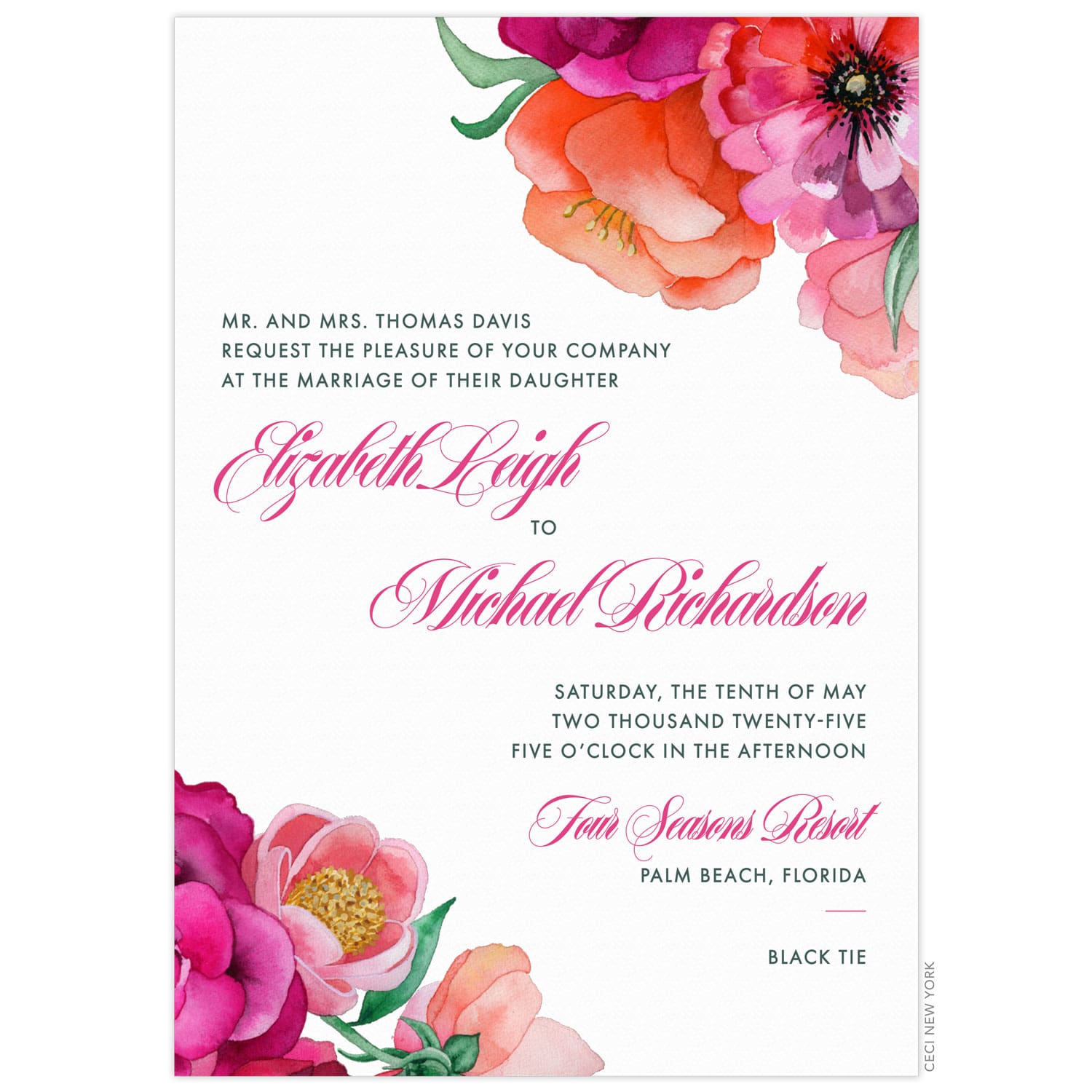 Bright pink and orange watercolor flowers in the top right and bottom left corner. Grey block text and pink script text on a white invitation card.