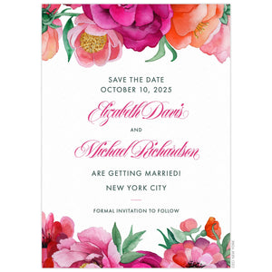 Bright pink and orange watercolor florals on the top and bottom of the card. Grey block font and script pink font centered on the card.