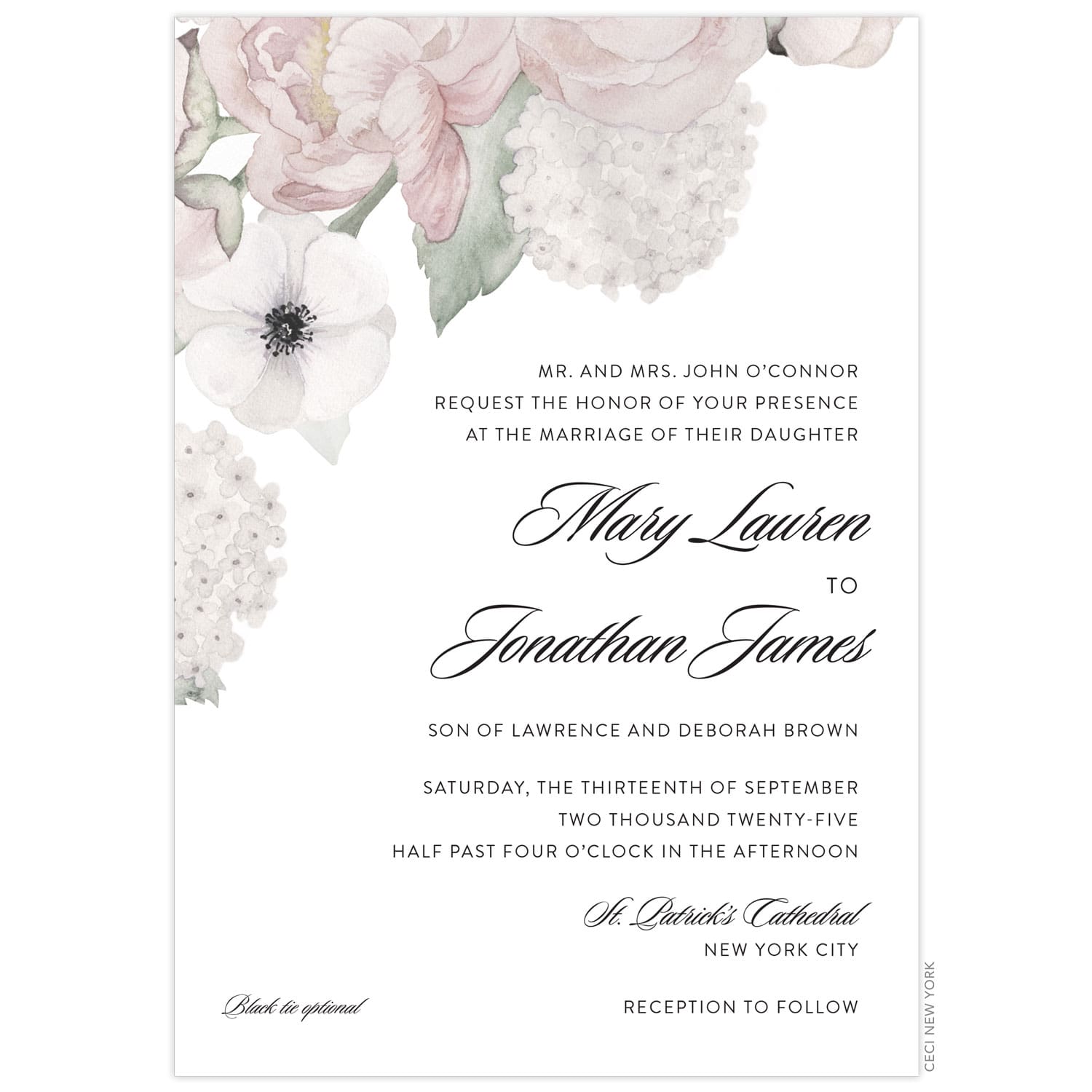 Blush, ivory and green watercolor florals in the top left corner. Black block and script right aligned text on a white card.