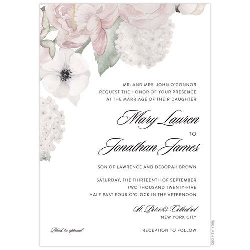 Blush, ivory and green watercolor florals in the top left corner. Black block and script right aligned text on a white card.