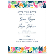 Load image into Gallery viewer, White invitation card with a colorful watercolor otomi pattern on the top and bottom. Block and script font centered in navy.