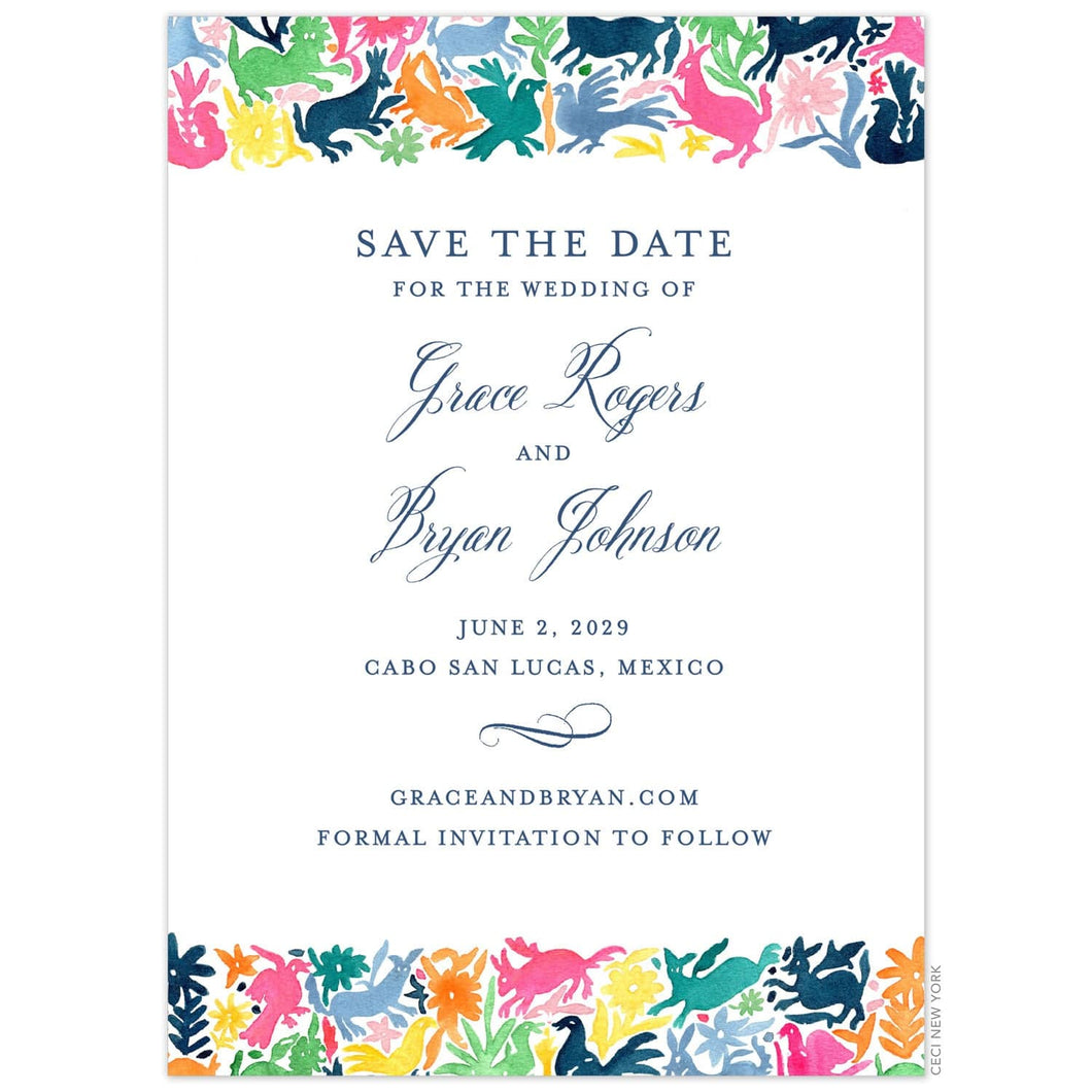 White invitation card with a colorful watercolor otomi pattern on the top and bottom. Block and script font centered in navy.