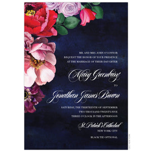 Watercolor dark blue background with painted florals in red, pink, purple and green cascading down the left side of the card. White block and script font right aligned.