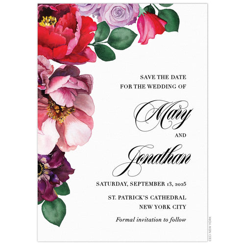 Watercolor florals in red, pink, purple and green cascading down the left side of the card. Black block and script font right aligned.