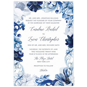 White invitation with watercolor border of scrolls and florals. Centered block and script text in navy.