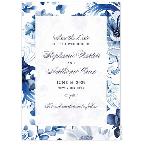 Watercolor scroll and floral background with a sheer white rectangle on top. Navy block and script font centered on the white rectangle.