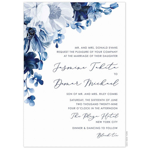 White invitation with blue watercolor flowers on the top left corner. Right aligned navy block and script font.