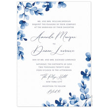 Load image into Gallery viewer, Blue watercolor leaves on the top left corner and bottom right corner. Block and script font in navy centered on a white invitation.