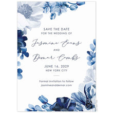 Load image into Gallery viewer, White invitation with blue watercolor flowers on the top left and bottom right corner. Center aligned navy block and script font.