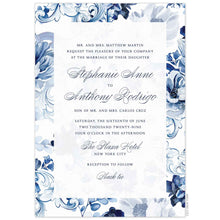Load image into Gallery viewer, Watercolor scroll and floral background with a sheer white rectangle on top. Navy block and script font centered on the white rectangle.