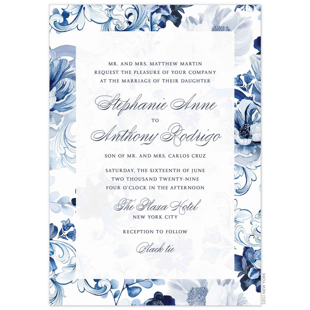 Watercolor scroll and floral background with a sheer white rectangle on top. Navy block and script font centered on the white rectangle.
