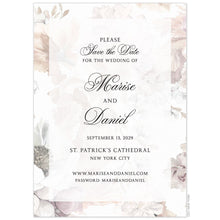Load image into Gallery viewer, Save the date with blush, ivory, cream, tan watercolor flowers. Sheer rectangle with black block and script text centered on the save the date. 